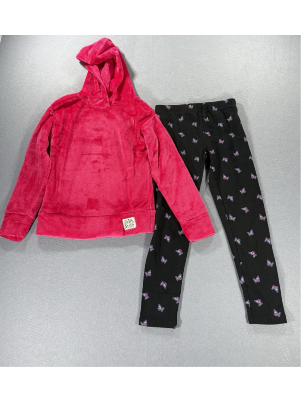 Lucky Brand Girls Fleece Hoodie & Leggings Set Size S 7/8 Pink Black Butterfly